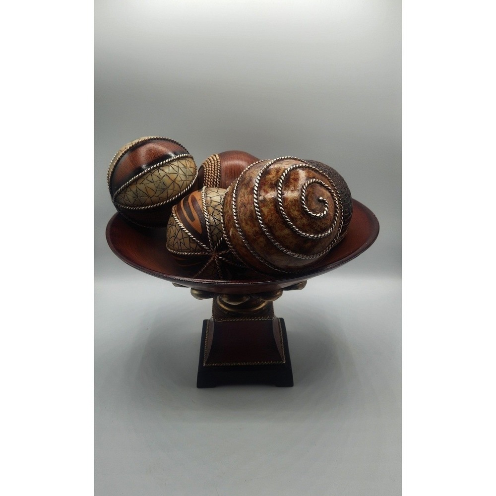 Decorative Pedestal Bowl with 5 Textured Orb Spheres Centerpiece Set Brown Tan